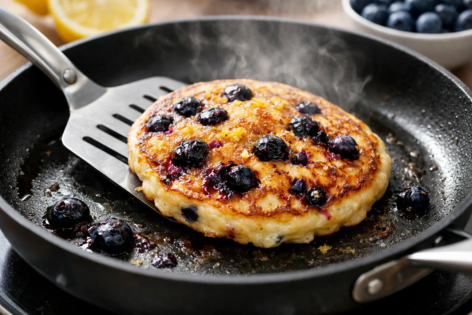 Spatule retournant un pancake myrtilles-citron doré dans une poêle, myrtilles éclatées et caramélisées visibles