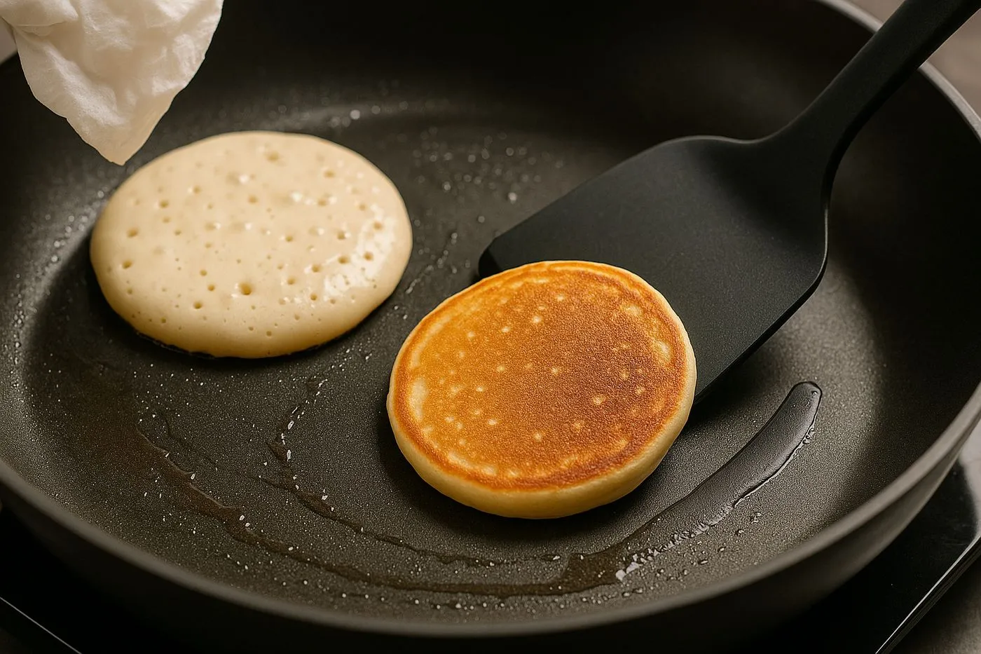 Cuisson de pancakes protéinés moelleux dans une poêle chaude