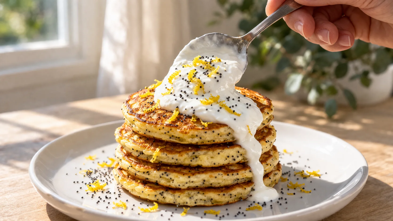 Pile de pancakes citron-pavot dorés dans une assiette blanche, cuillère de yaourt grec sur le dessus, zestes de citron et filet de miel