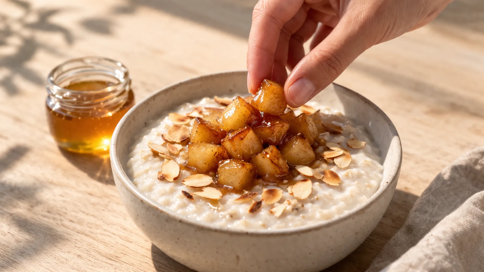 Bol de porridge crémeux garni de poires caramélisées dorées et d'amandes effilées grillées, filet de miel en spirale sur le dessus, fond bois clair