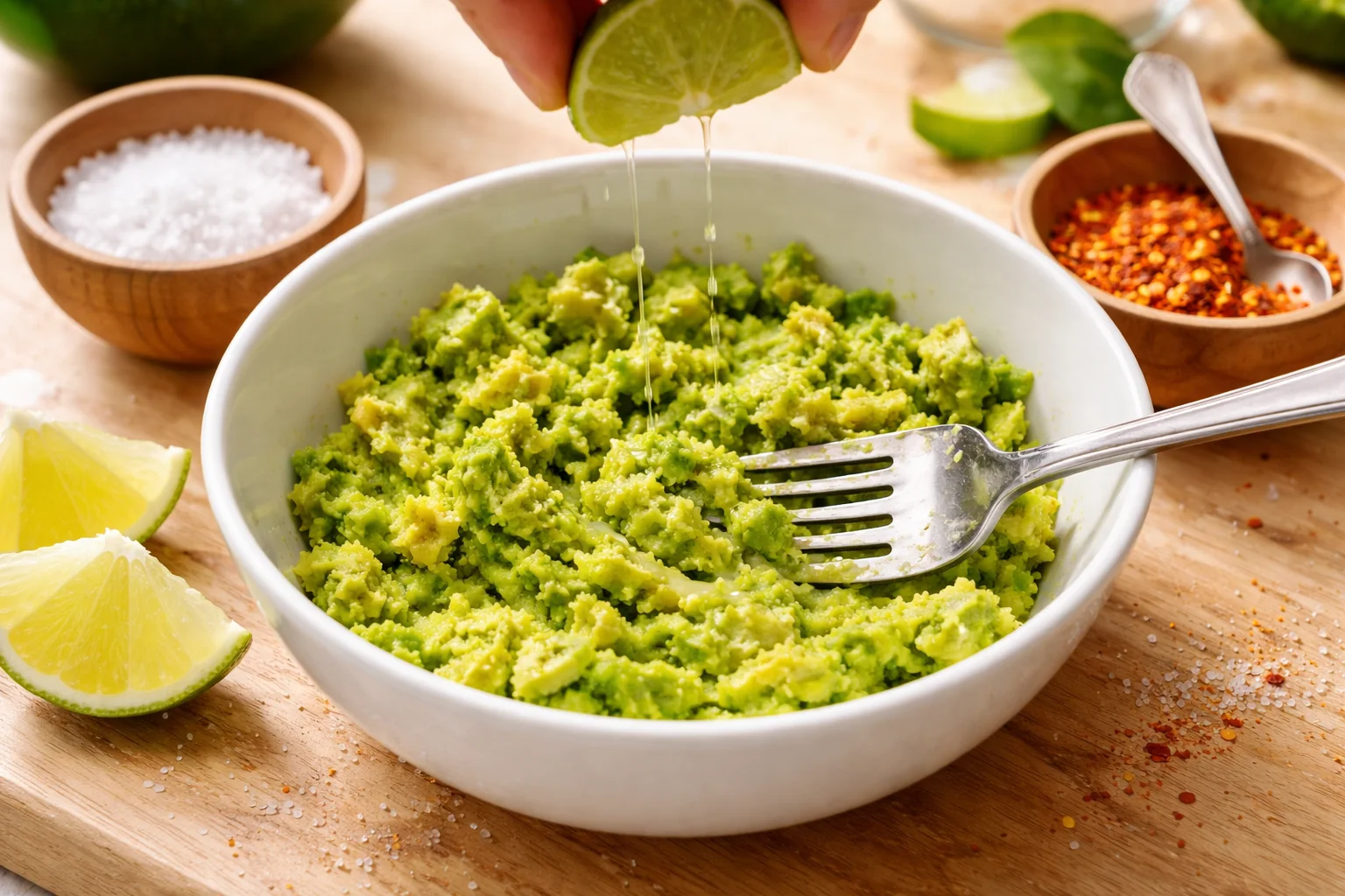 Fourchette écrasant la chair d'avocat vert mûr dans un bol blanc, texture légèrement grumeleuse en formation, jus de citron vert et piment d'Espelette à côté, plan de travail en bois clair