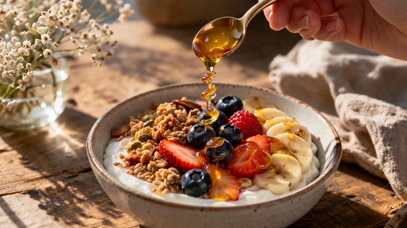 Bowl fromage blanc granola fruits finalisé avec filet de miel, graines de chia et cannelle, posé sur tissu lin beige, lumière du matin