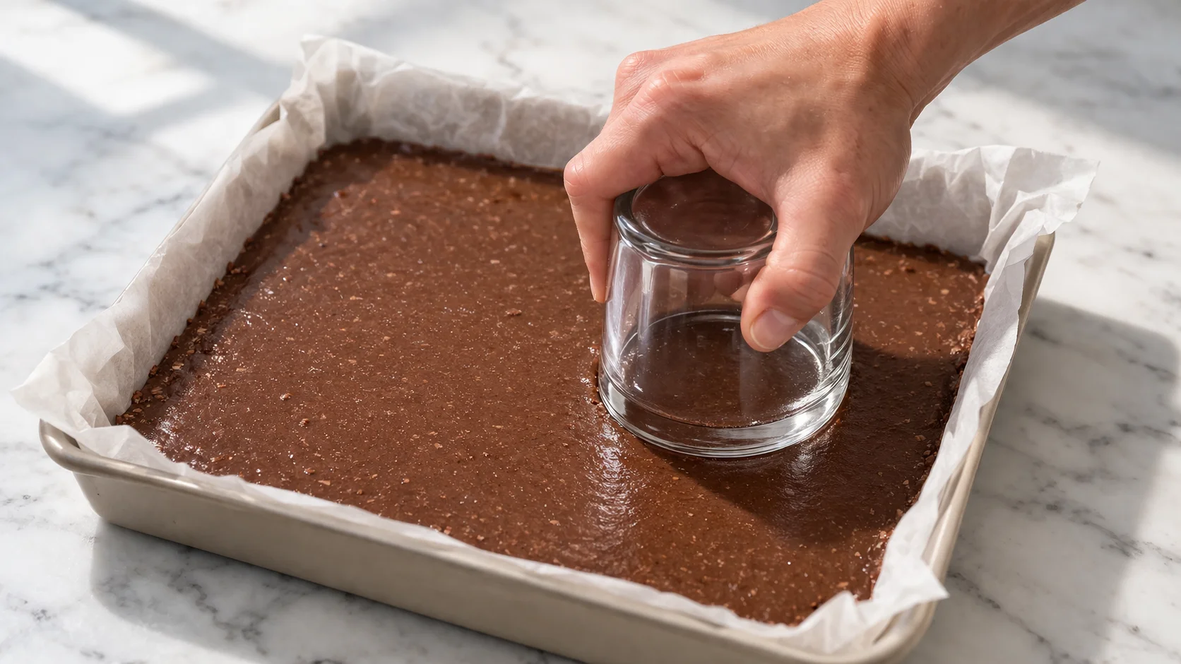 Fond de verre comprimant fermement la masse chocolatée dans un plat rectangulaire tapissé de papier cuisson, surface lisse et uniforme en cours de formation, plan de travail en marbre