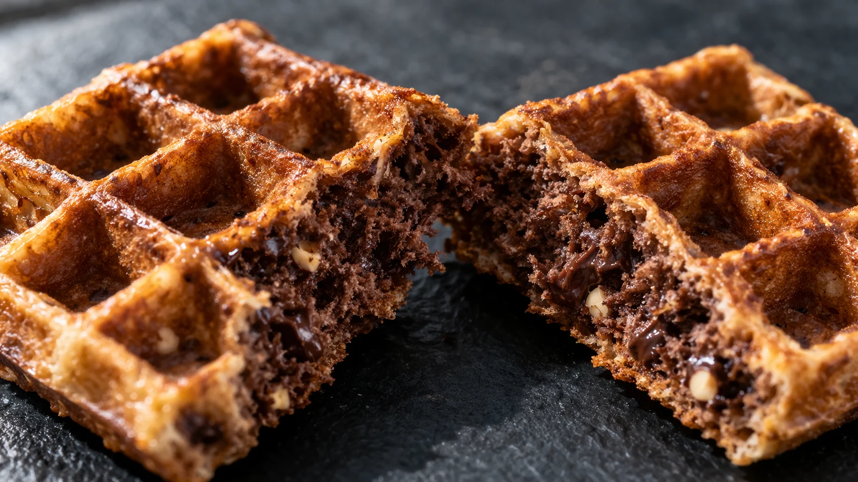 Gros plan sur la texture croustillante et les alvéoles d'une gaufre chocolat-noisette, cassée en deux révélant une mie moelleuse et chocolatée