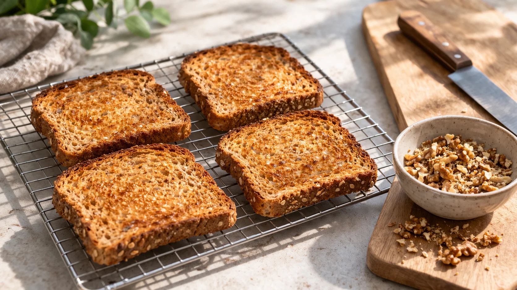 Quatre tranches de pain complet dorées et croustillantes posées sur une grille après passage au grille-pain, noix concassées dans un petit bol à côté, plan de travail en bois clair