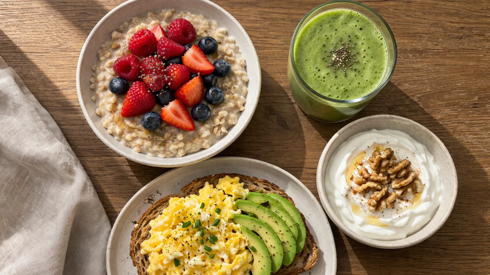Table de petit déjeuner protéiné avec un bol de porridge à l'avoine, des œufs brouillés sur pain complet, un yaourt grec aux fruits rouges et un smoothie