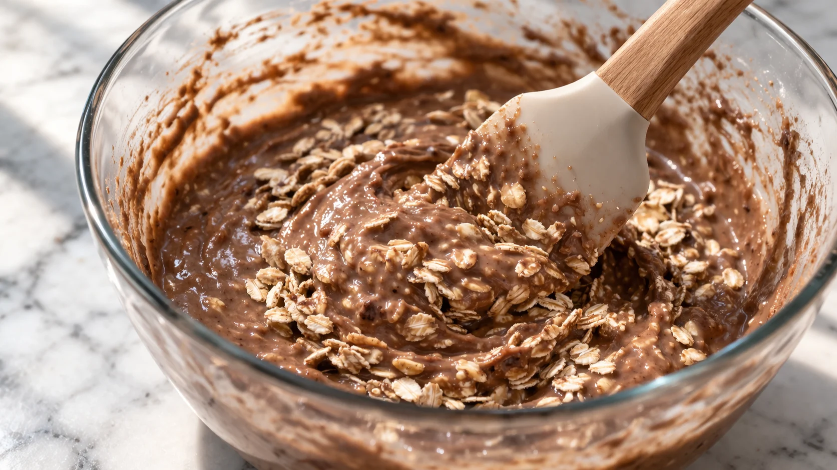 Spatule incorporant les flocons d'avoine dans le mélange chocolat-banane dans un saladier, flocons en cours d'enrobage dans la préparation brune, plan de travail en marbre