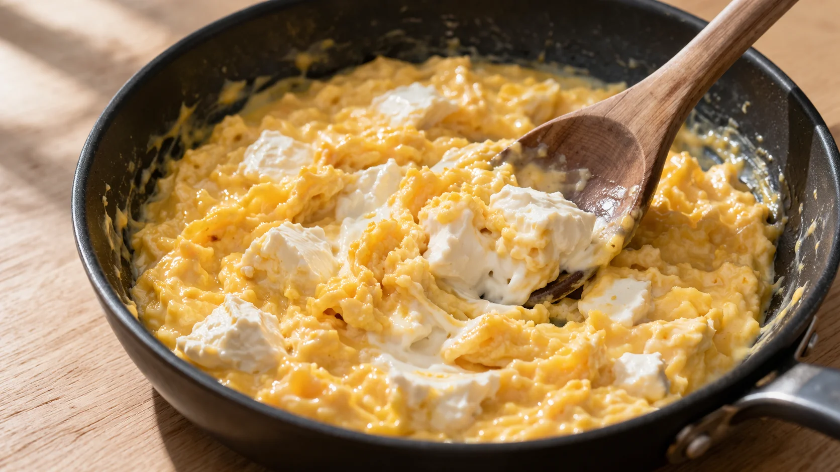 Cuillère incorporant des morceaux de fromage frais blanc dans les œufs brouillés crémeux hors du feu, texture soyeuse et fondante en formation dans la poêle