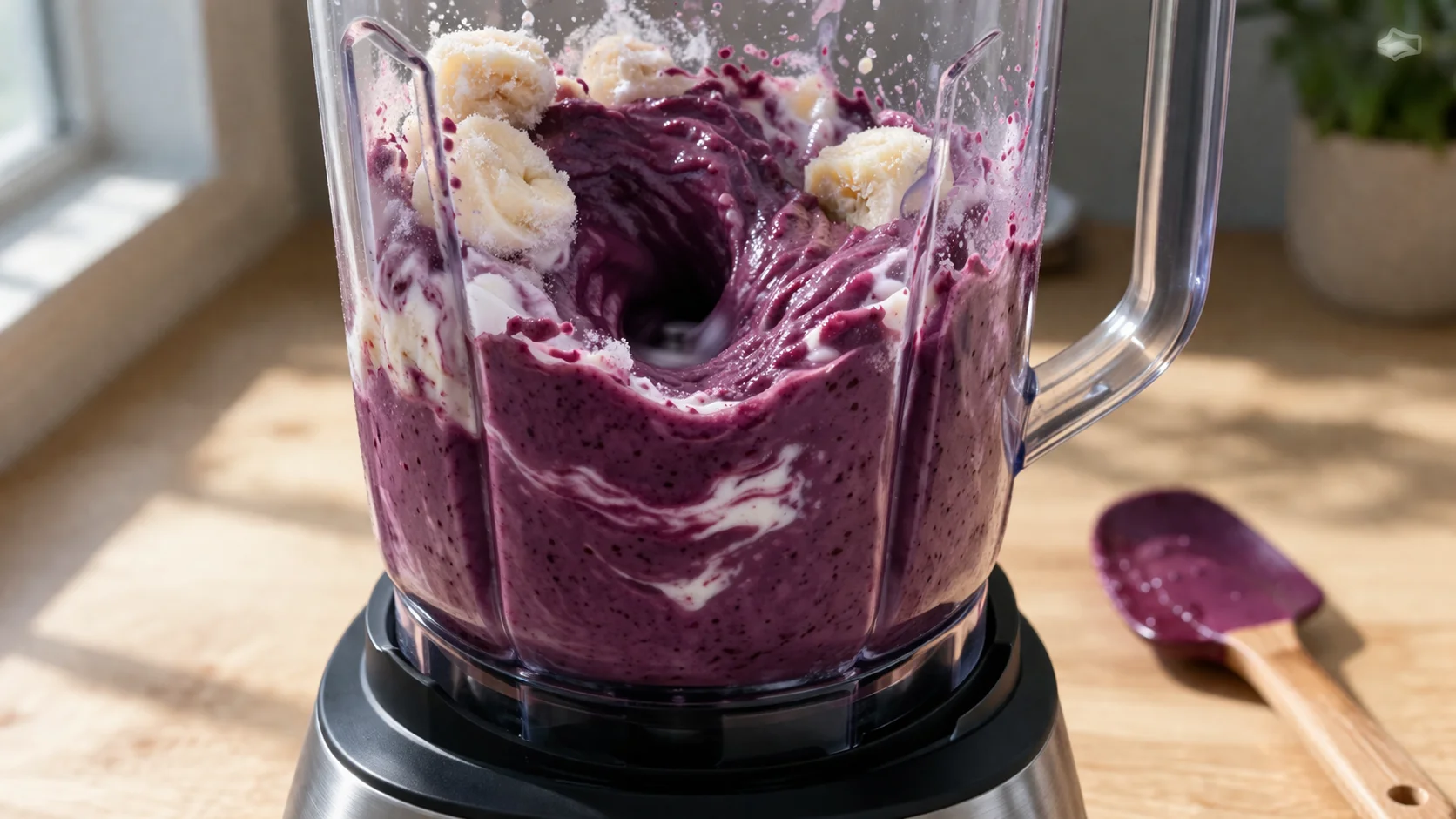 Blender contenant la purée d'açaï violette, la banane congelée et le yaourt grec en cours de mixage, texture épaisse et violette visible à travers les parois