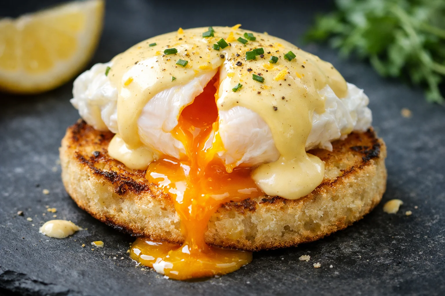 Gros plan sur un œuf poché coupé révélant le jaune coulant orangé sous la sauce hollandaise crémeuse et citronnée, muffin anglais doré en dessous, fond ardoise sombre