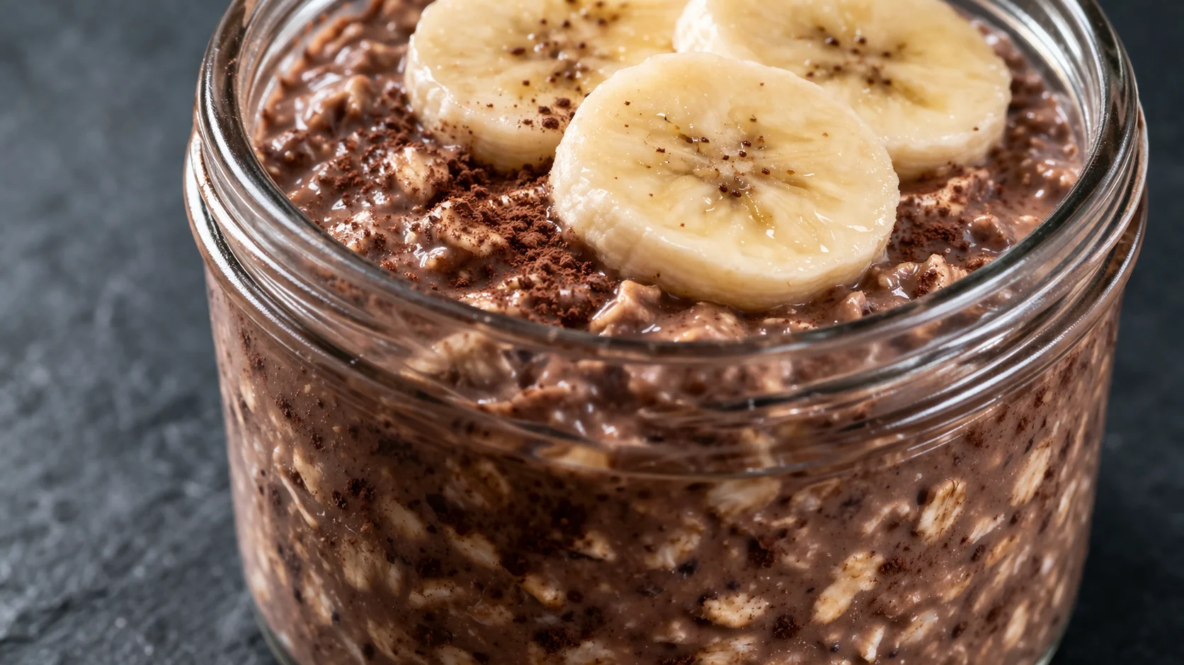 Gros plan sur la texture crémeuse et épaisse des overnight oats chocolat dans un bocal en verre, banane et cacao bien visibles en couches distinctes, fond ardoise