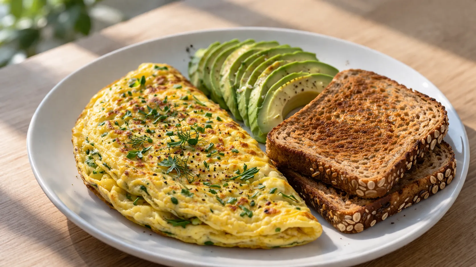 Petit déjeuner salé protéiné sur une assiette blanche : omelette aux herbes, tranches d'avocat et pain complet grillé sur une table en bois