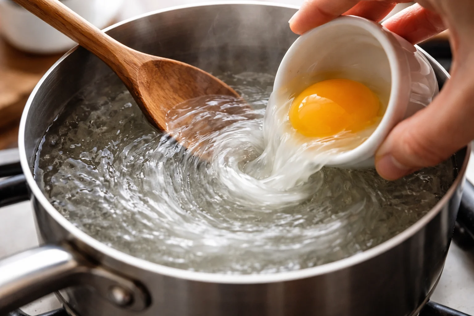Cuillère créant un tourbillon dans l'eau vinaigrée frémissante d'une casserole, œuf en train d'être glissé délicatement au centre, blanc se refermant autour du jaune, vapeur visible