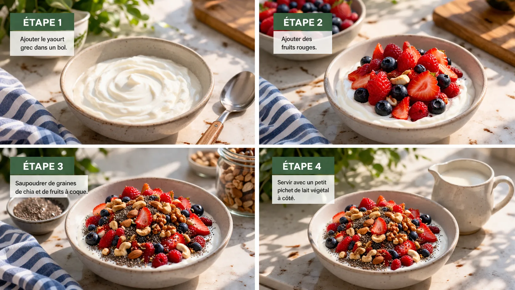 Bowl de petit déjeuner protéiné en cours de préparation : yaourt grec dans un bol, fruits rouges à côté, graines de chia, noix et lait végétal sur le plan de travail