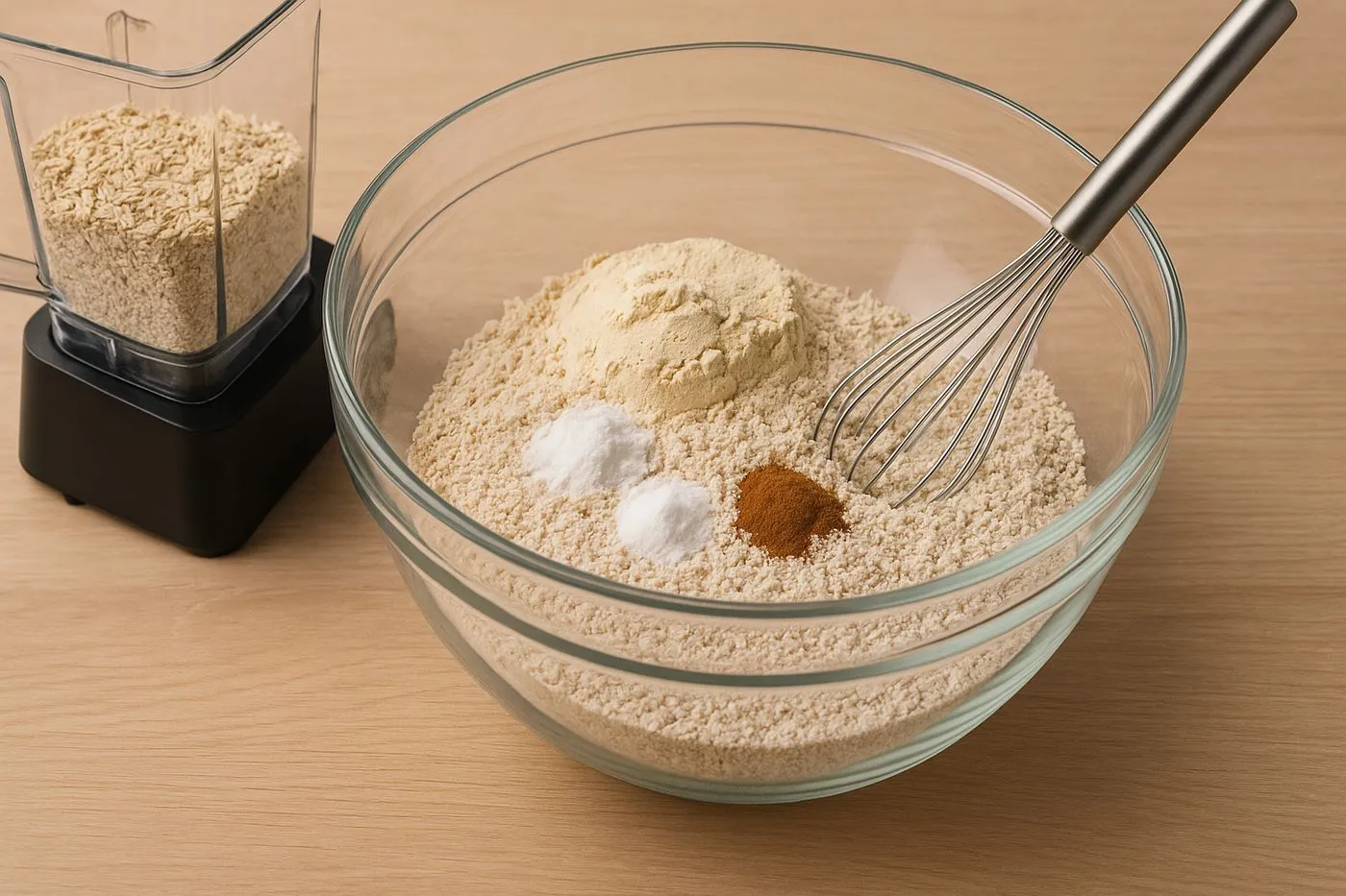 Flocons d avoine mixés en farine pour préparer des pancakes protéinés moelleux