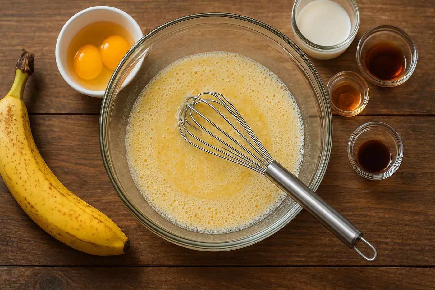 Préparation des ingrédients humides avec banane écrasée et oeufs pour pancakes protéinés