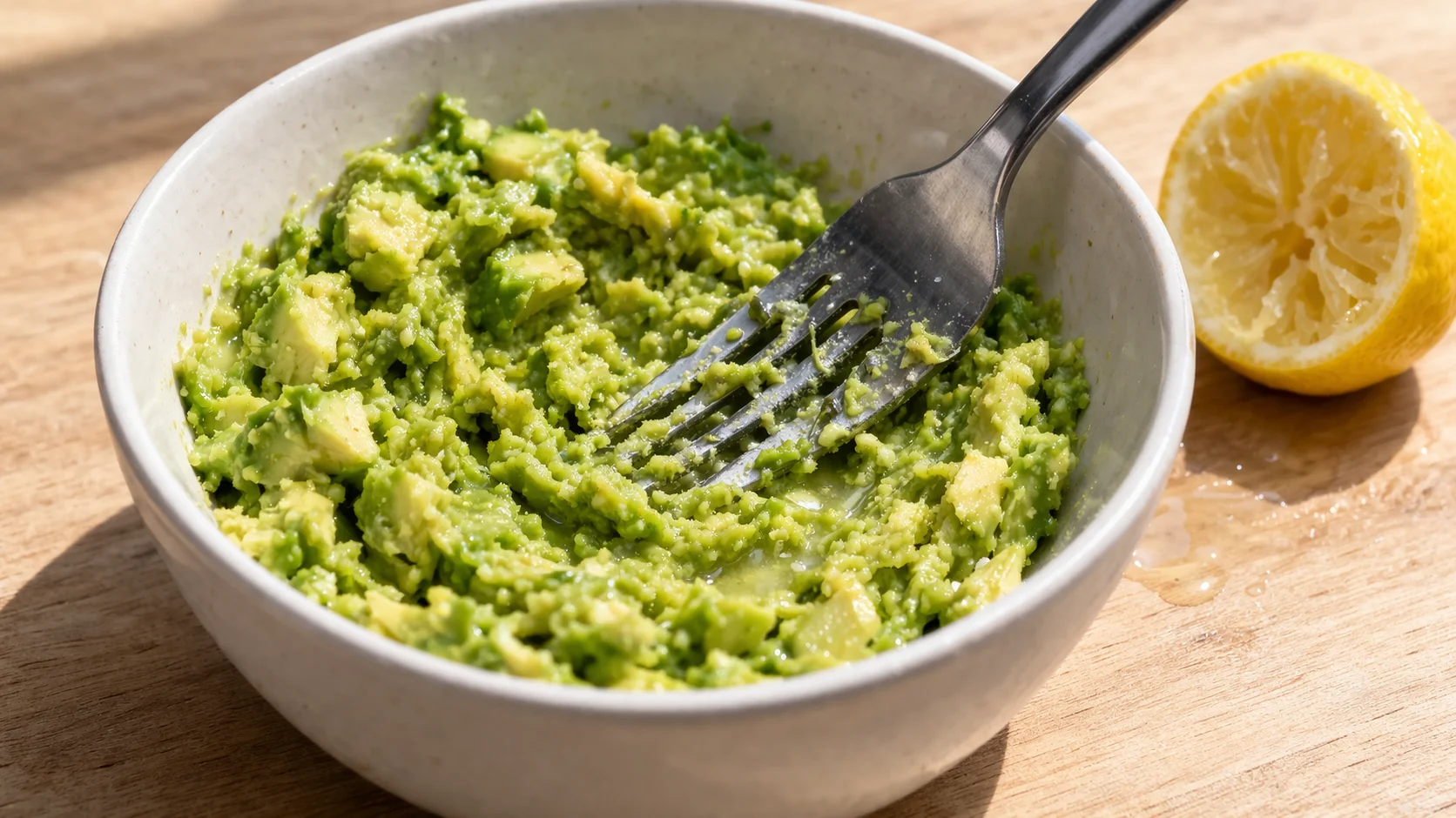 Fourchette écrasant la chair verte d'un avocat mûr dans un bol en céramique blanche, texture grossière avec morceaux visibles, plan de travail en bois clair