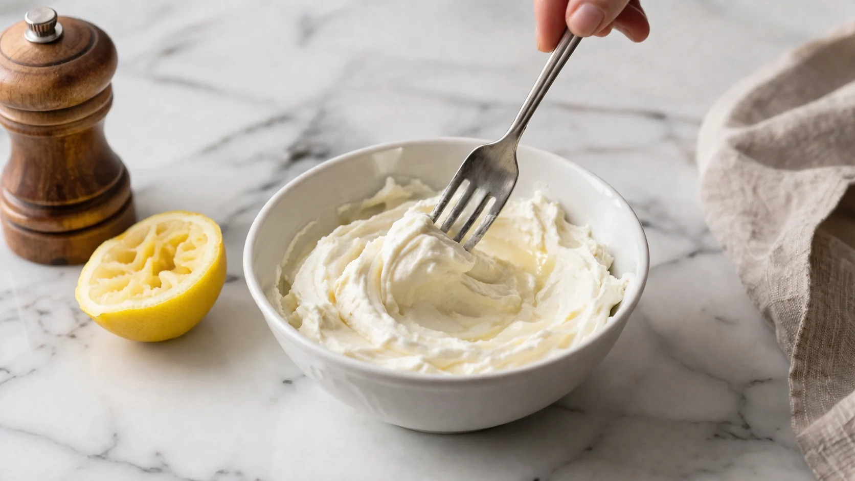 Fourchette mélangeant le cream cheese blanc avec du jus de citron dans un petit bol blanc, texture crémeuse et lisse en formation, citron et poivre à côté, plan de travail en marbre blanc