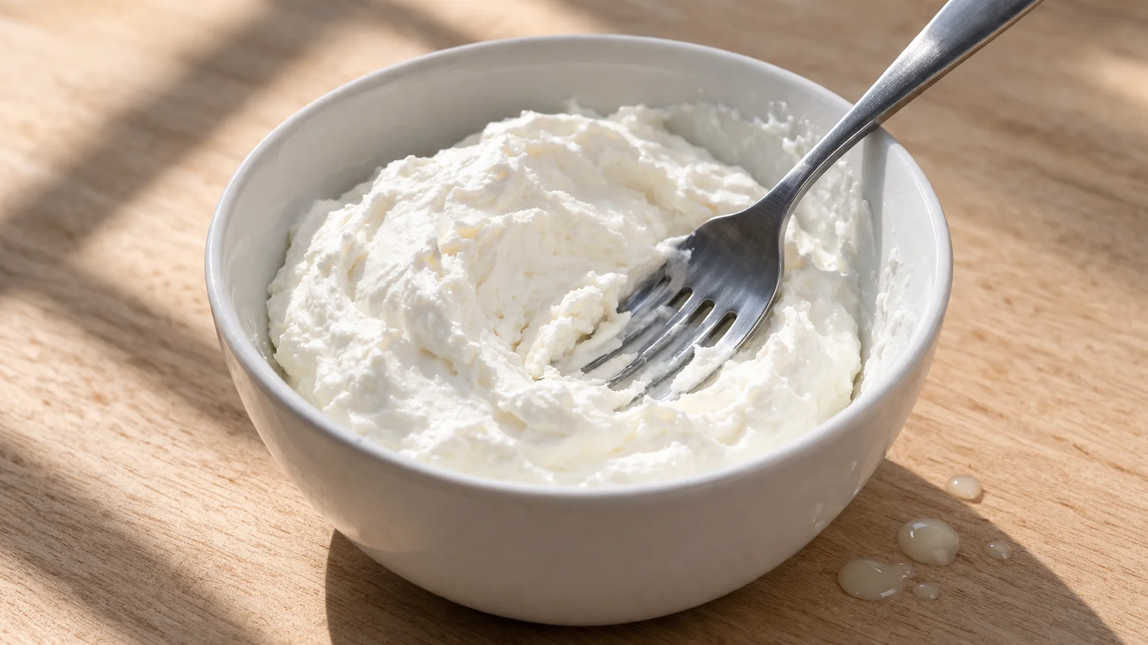 Fromage blanc 0 % épais dans un bol en céramique blanche, fourchette à côté pour le travailler, plan de travail en bois clair, texture crémeuse visible