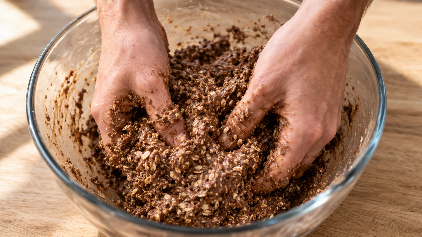 Mains mélangeant la masse de flocons d'avoine, beurre de cacahuète et whey chocolat dans un grand saladier, texture dense et brune homogène en formation, plan de travail en bois clair