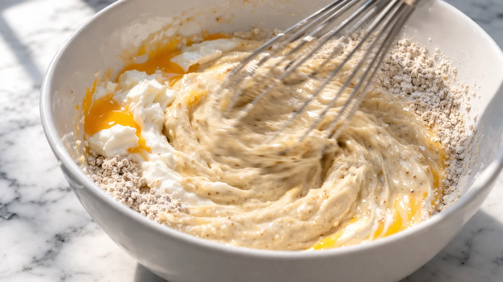 Fouet mélangeant les jaunes d'oeufs, le fromage blanc et les ingrédients secs dans un grand saladier blanc, pâte épaisse et crémeuse en formation, plan de travail en marbre