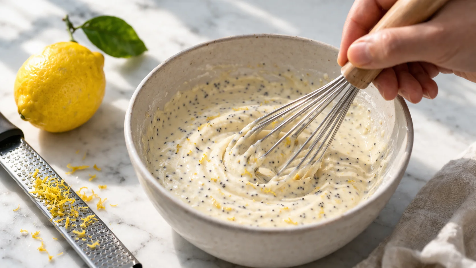 Pâte à pancakes citron-pavot en cours de mélange dans un bol, graines de pavot et zestes de citron visibles, fouet dans la pâte crémeuse