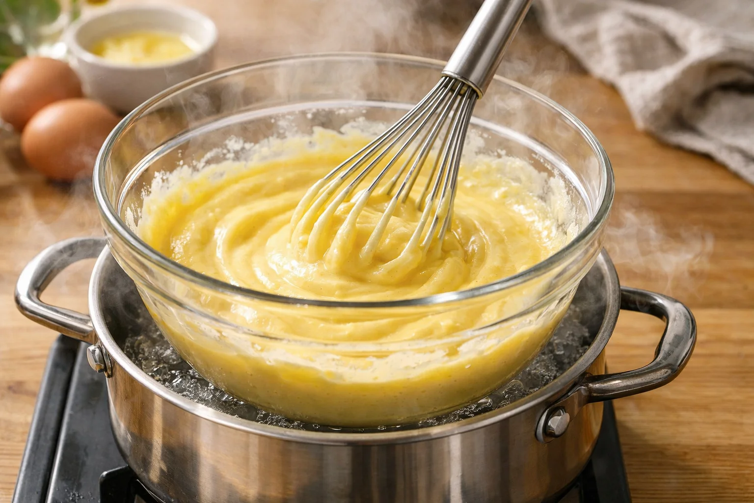 Fouet mélangeant la sauce hollandaise au yaourt grec dans un bol en verre au bain-marie, vapeur visible sous le bol, sauce crémeuse et dorée en formation, plan de travail en bois clair