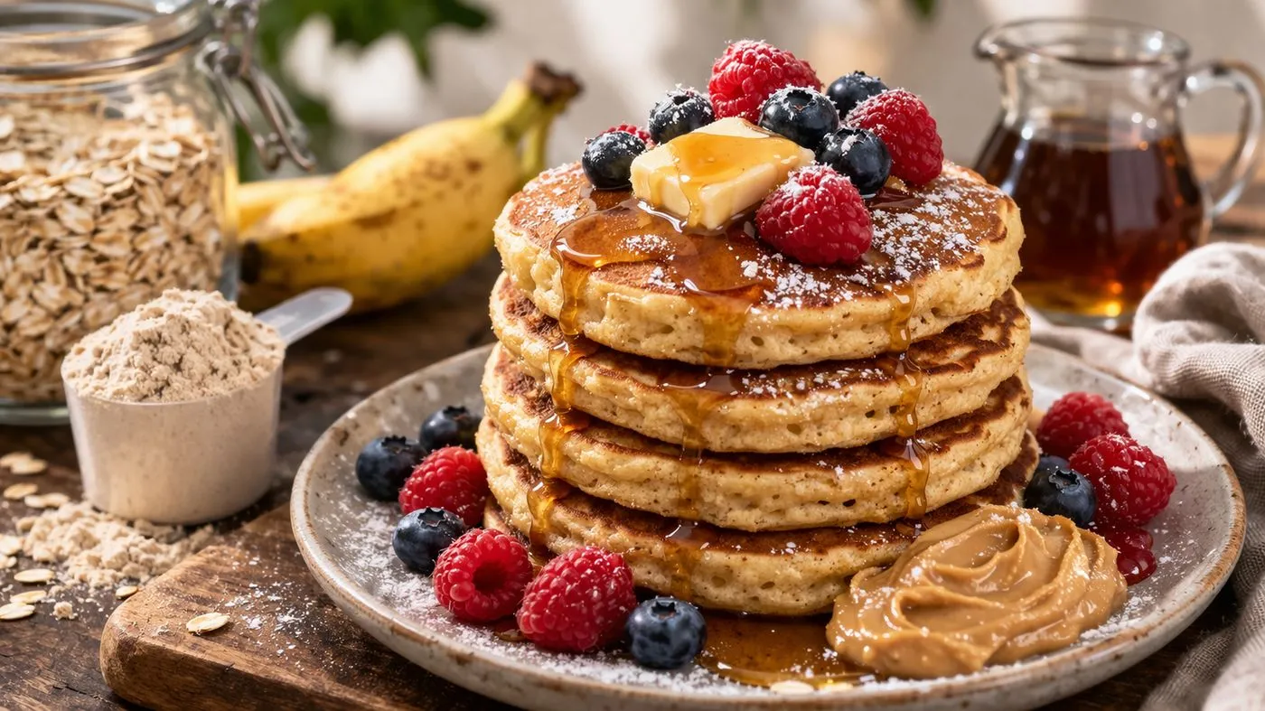 Pile de pancakes protéinés moelleux avec fruits rouges et sirop d érable