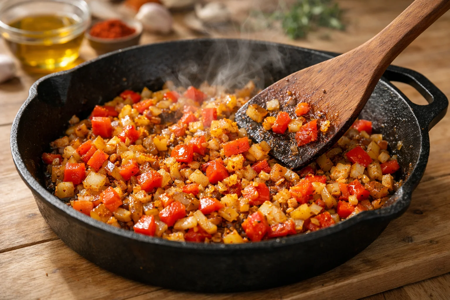 Spatule remuant oignon, poivron rouge et ail avec les épices dans une poêle en fonte, mélange coloré et parfumé en train de revenir, vapeur légère et arômes visibles, plan de travail en bois clair