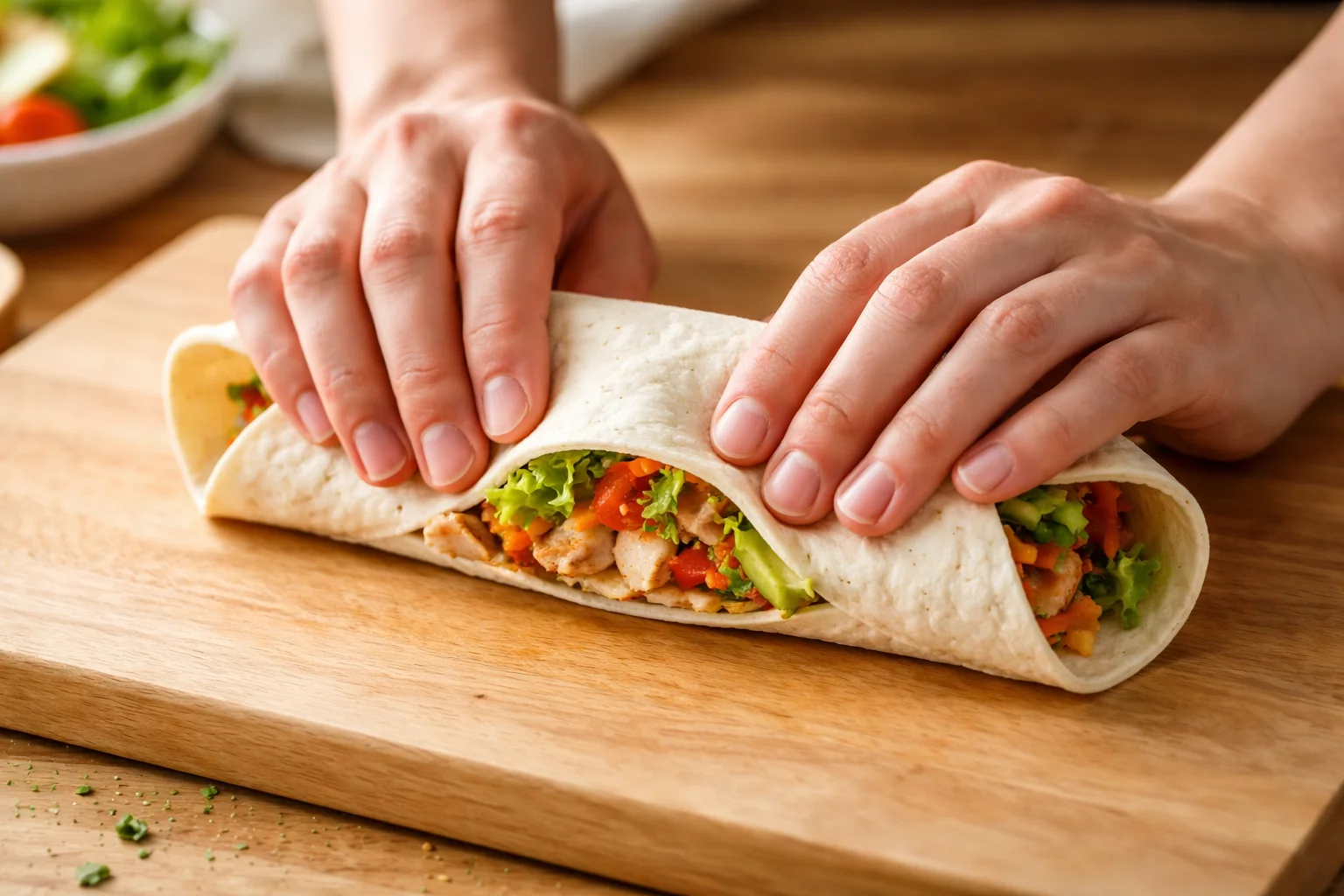 Deux mains roulant fermement le wrap garni sur lui-même, bords rabattus et cylindre compact en cours de formation, plan de travail en bois clair, lumière naturelle