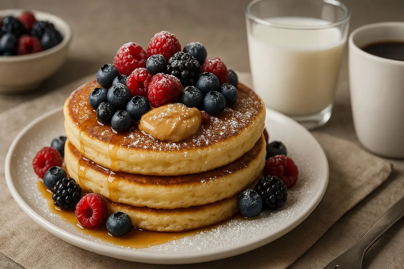 Service de pancakes protéinés avec fruits rouges et sirop d érable