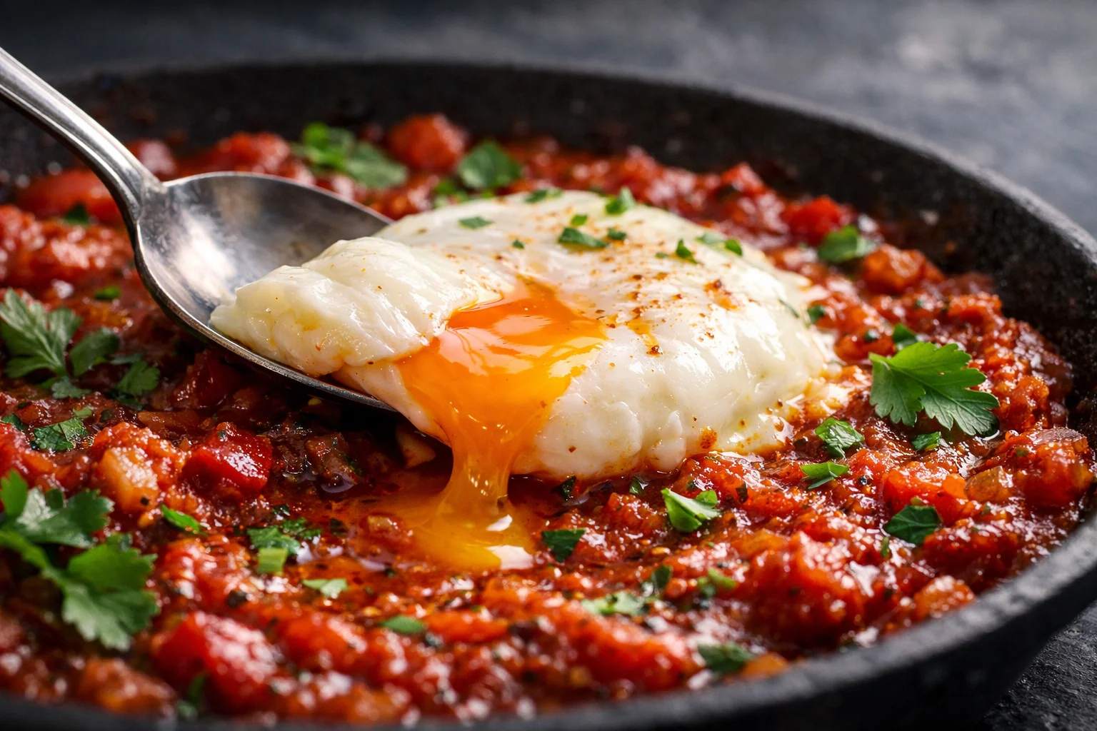 Gros plan sur un œuf poché dans la shakshuka, jaune orangé coulant révélé à la cuillère sur fond de sauce tomates épicée rouge, herbes fraîches visibles, fond ardoise sombre