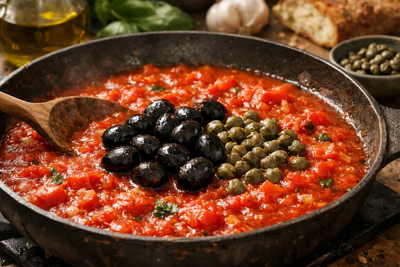 Olives, câpres et thon ajoutés à la sauce