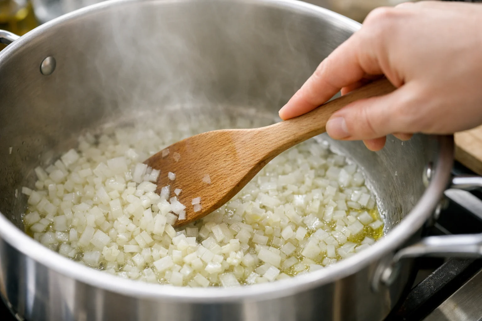Oignon émincé et ail en train de fondre doucement dans une grande casserole avec huile d'olive, spatule remuant