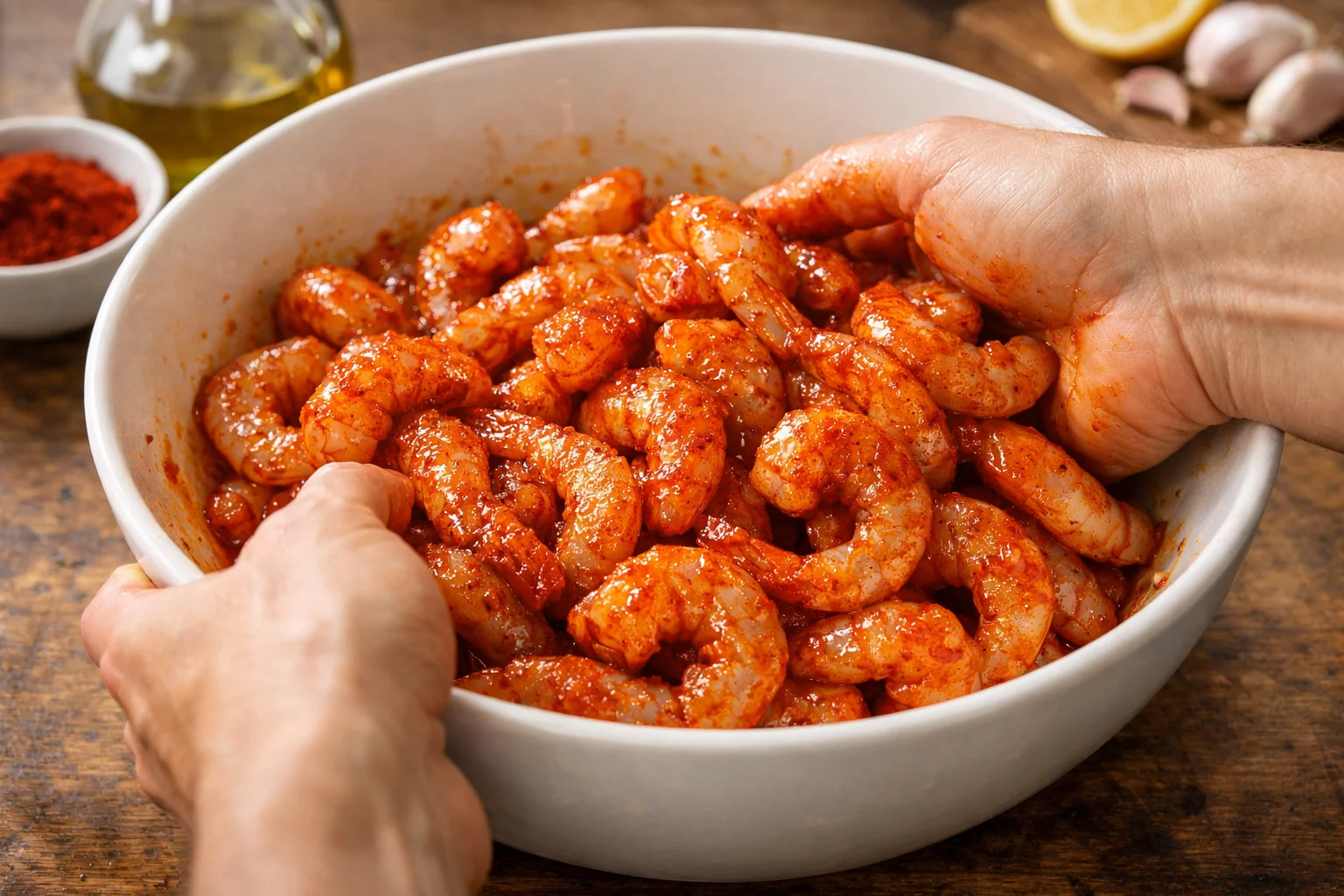 Mains mélangeant des crevettes crues décortiquées avec huile d'olive et paprika fumé rouge dans un grand bol, crevettes bien enrobées
