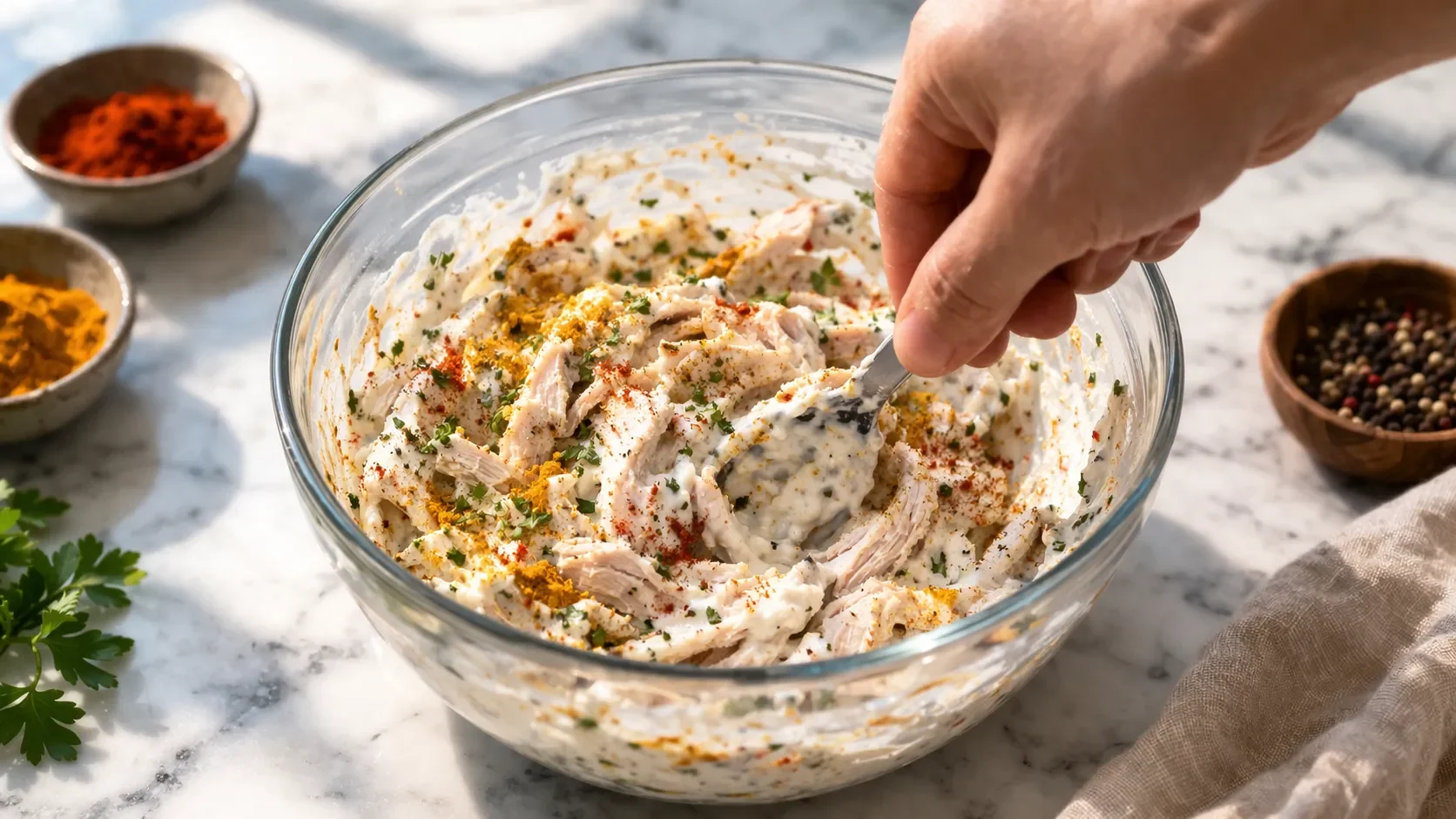Bol en verre contenant du blanc de poulet émincé mélangé aux épices et au fromage blanc