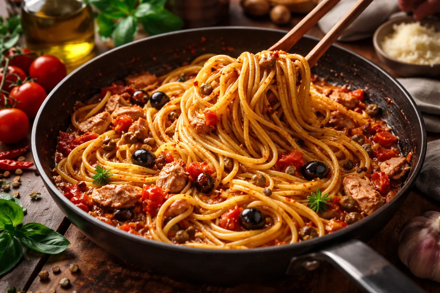 Pâtes à la puttanesca garnie de persil frais