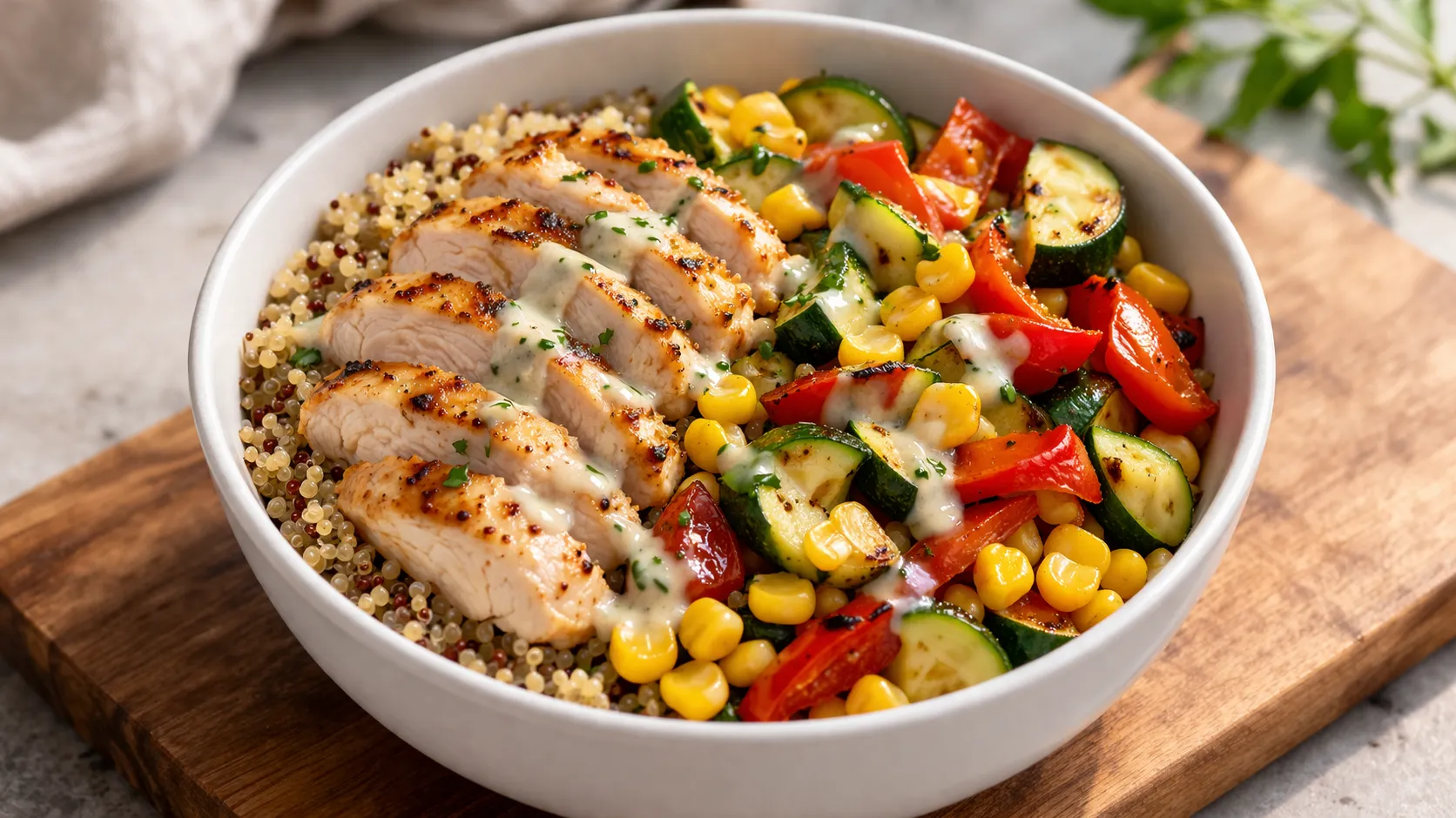 Bol repas protéiné composé de quinoa, filet de poulet grillé en tranches, légumes colorés rôtis et sauce légère, servi dans un bol en céramique blanche