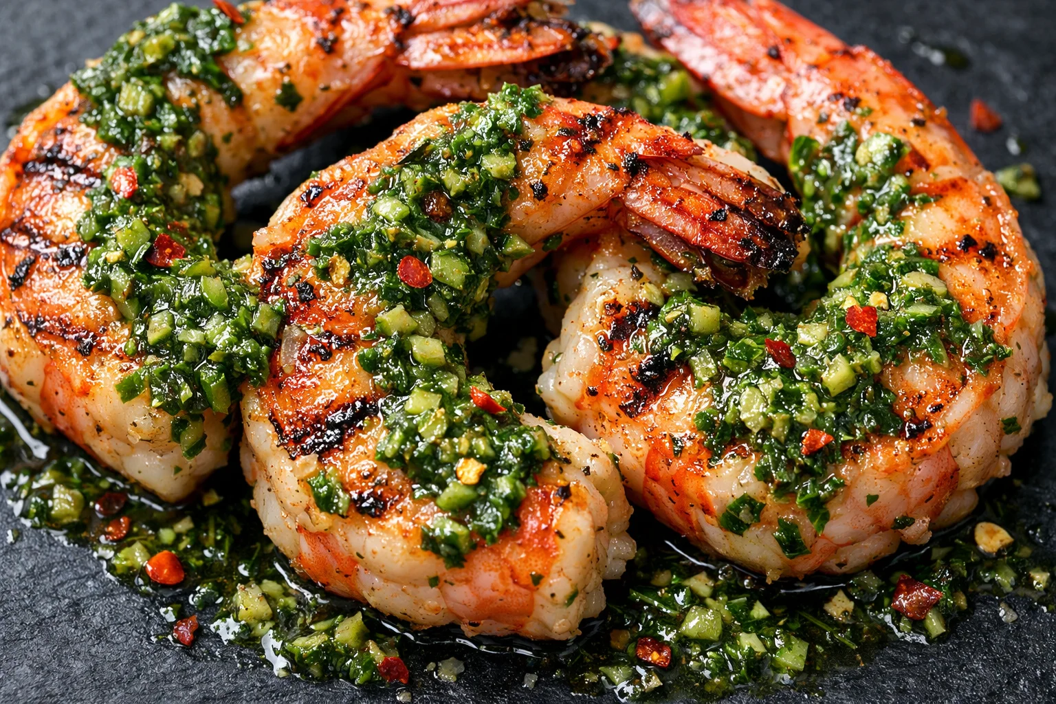 Gros plan sur des crevettes grillées roses et dorées avec sauce chimichurri verte brillante et flocons de piment rouge