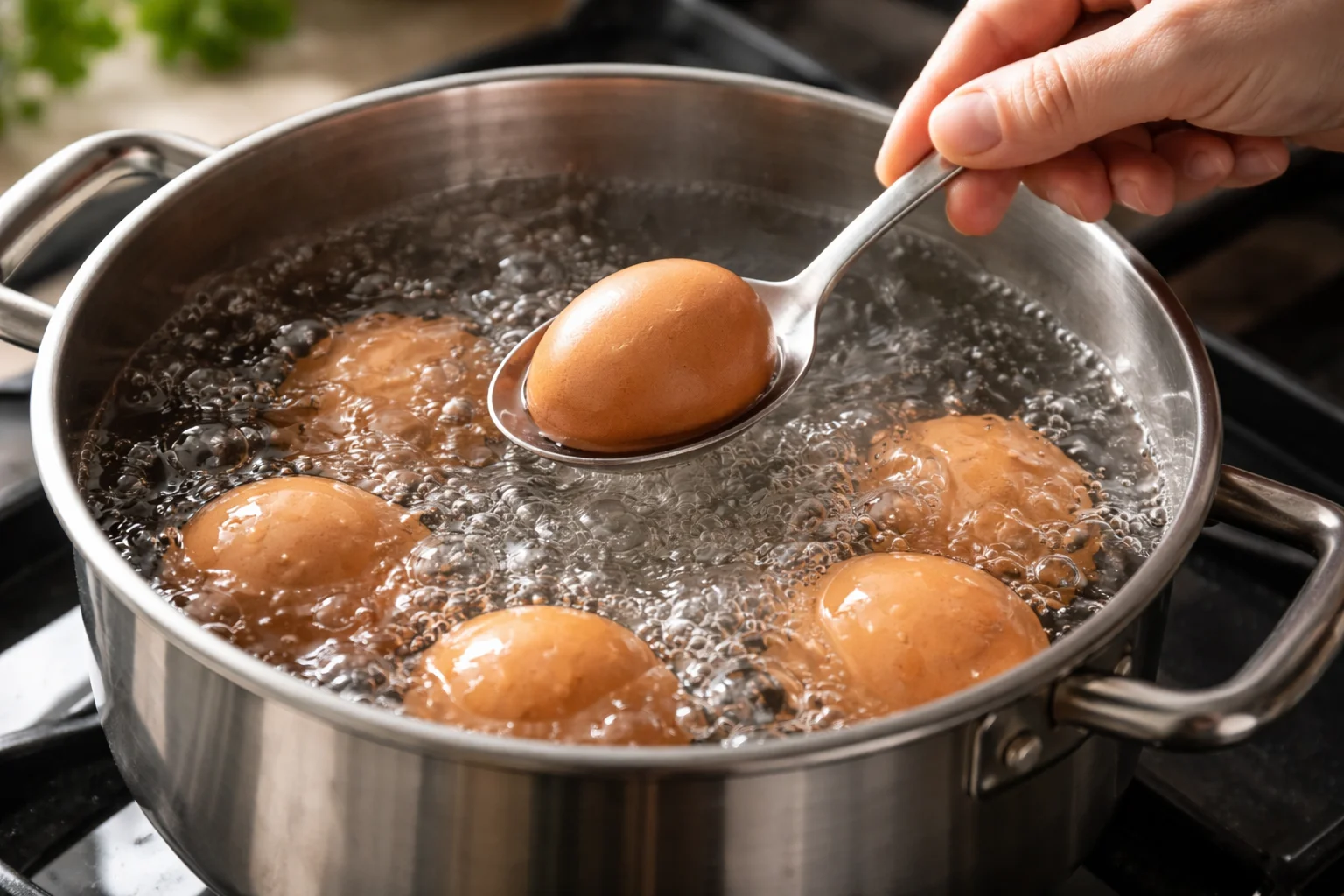 Main plongeant délicatement des œufs dans une casserole d'eau bouillante à l'aide d'une cuillère, bulles d'ébullition visibles