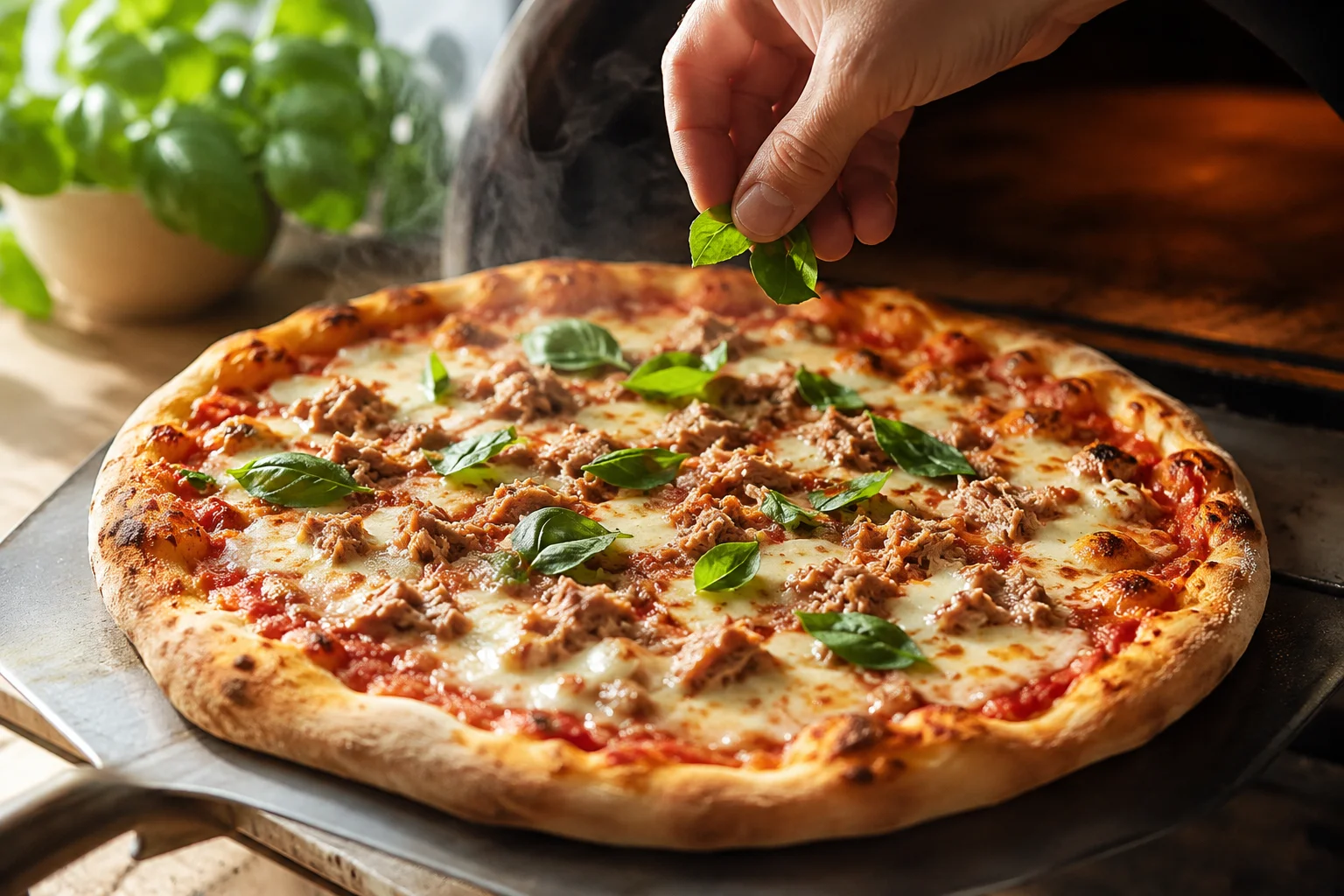 Pizza protéinée au thon sortant du four avec mozzarella fondue et dorée, sauce tomate visible et feuilles de basilic frais ajoutées au-dessus