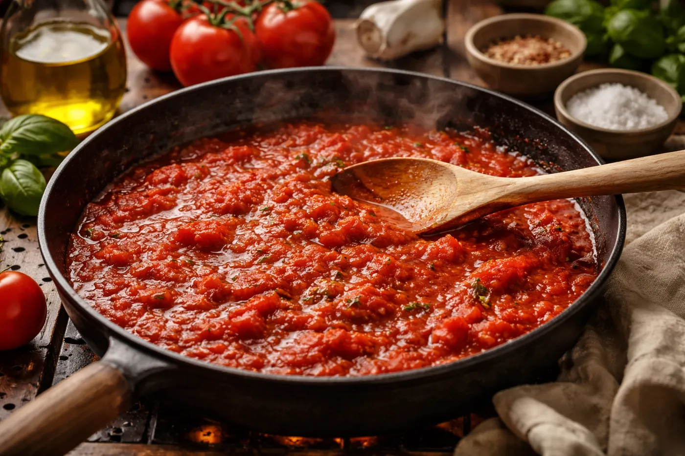 Sauce tomate mijotant avec des herbes aromatiques