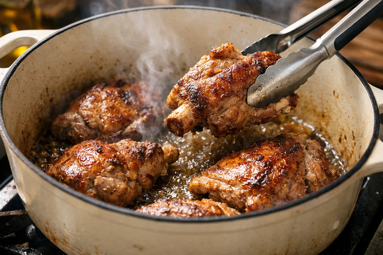 Morceaux d'épaule d'agneau en train de dorer dans une grande cocotte en fonte avec huile d'olive bien chaude