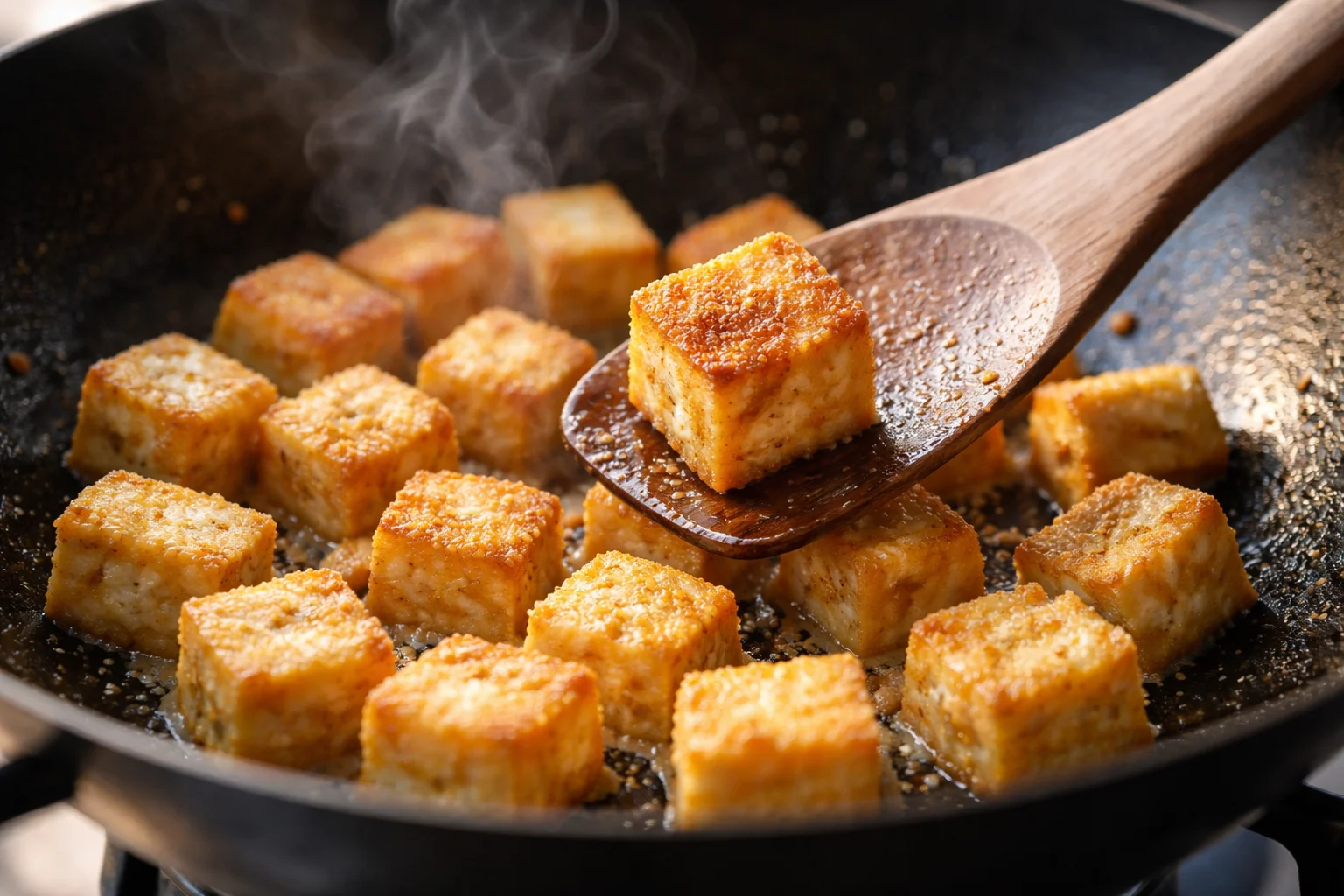 Cubes de tofu enrobés de fécule en train de dorer dans un wok très chaud avec huile de sésame, croûte dorée visible sur les faces