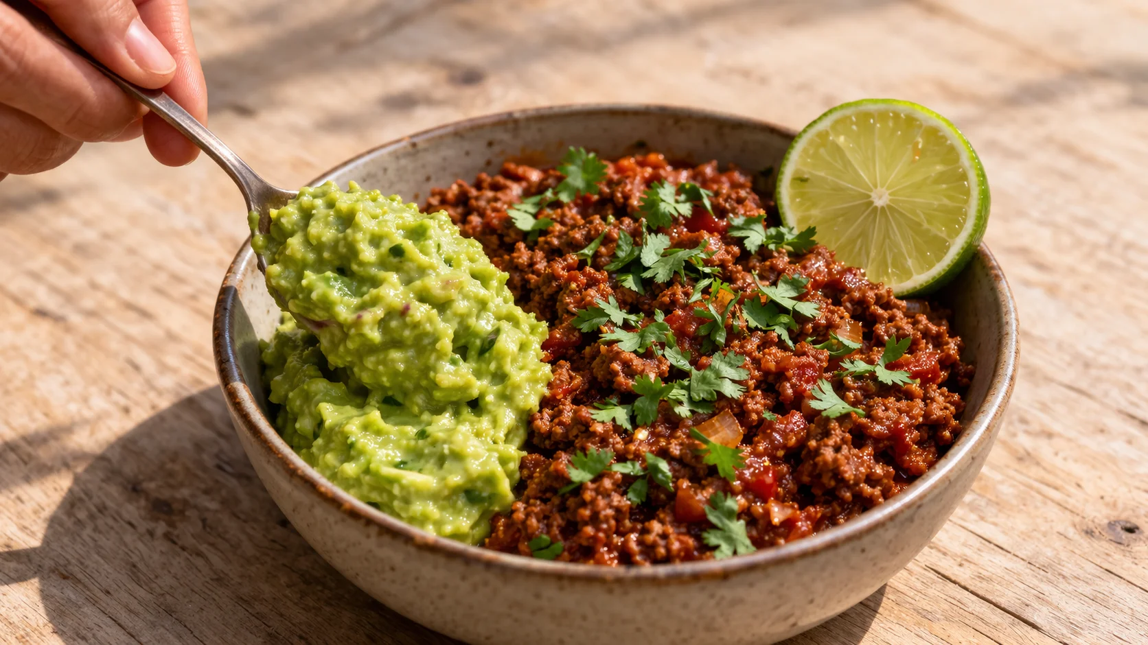 Bowl bœuf mexicain et guacamole dressé, viande épicée rouge et guacamole vert côte à côte, coriandre fraîche et citron vert en garniture