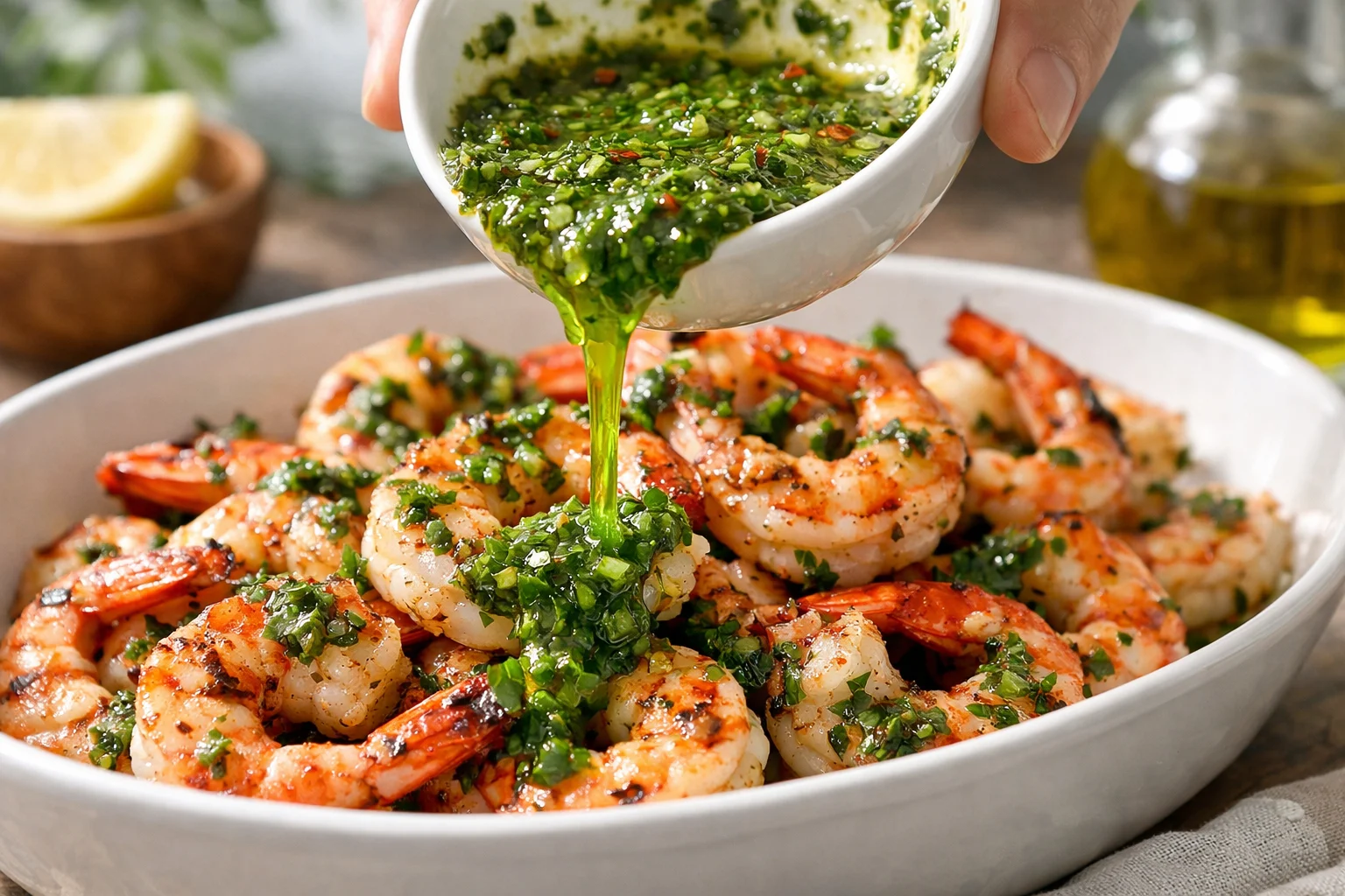 Main versant généreusement la sauce chimichurri verte herbacée sur des crevettes grillées roses dans un plat de service, quartiers de citron