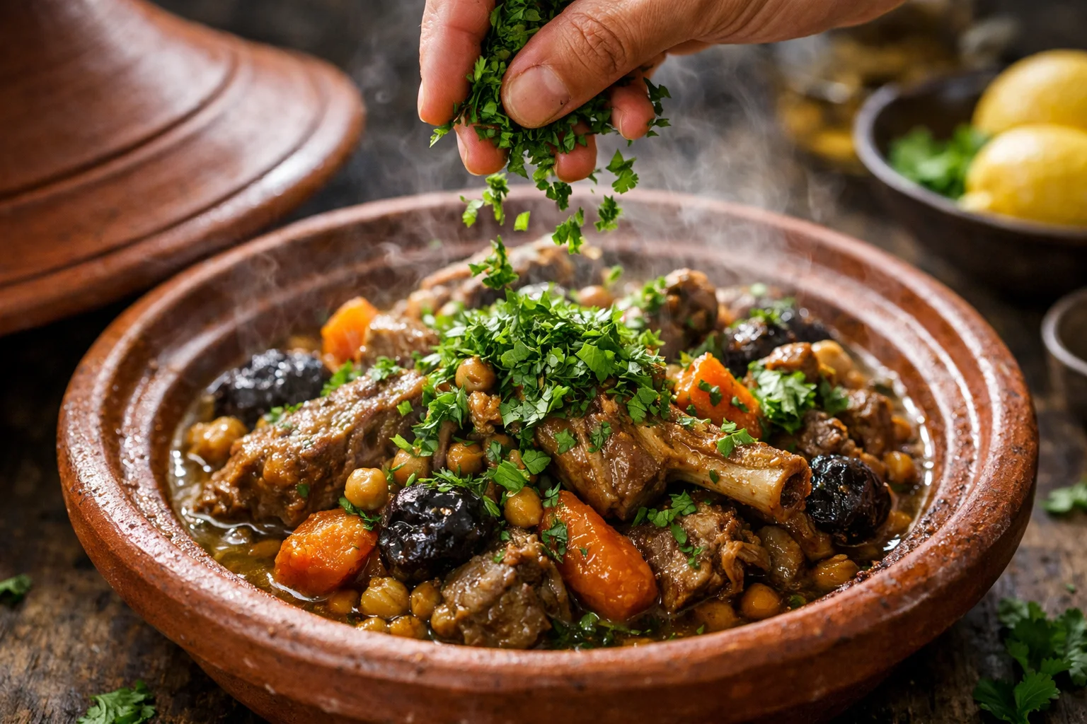 Main parsemant de la coriandre et du persil frais hachés sur le tajine d'agneau aux légumes dans une cocotte fumante