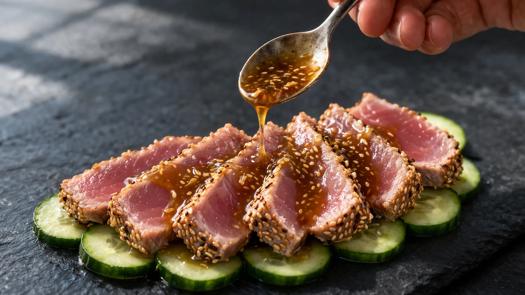 Tranches de thon mi-cuit en éventail sur concombre, nappées de sauce sésame-gingembre brillante, graines de sésame et oignons nouveaux, fond ardoise