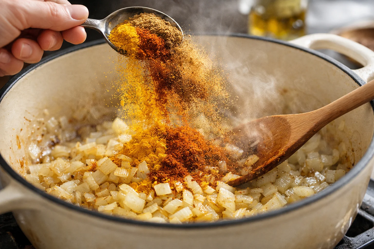 Main ajoutant un mélange d'épices colorées sur des oignons dorés dans une cocotte en fonte, spatule remuant