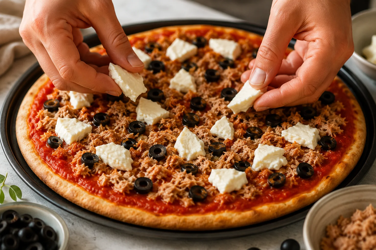 Mains qui déposent des morceaux de mozzarella blanche sur une base de pizza au thon dorée recouverte de sauce tomate rouge et olives noires